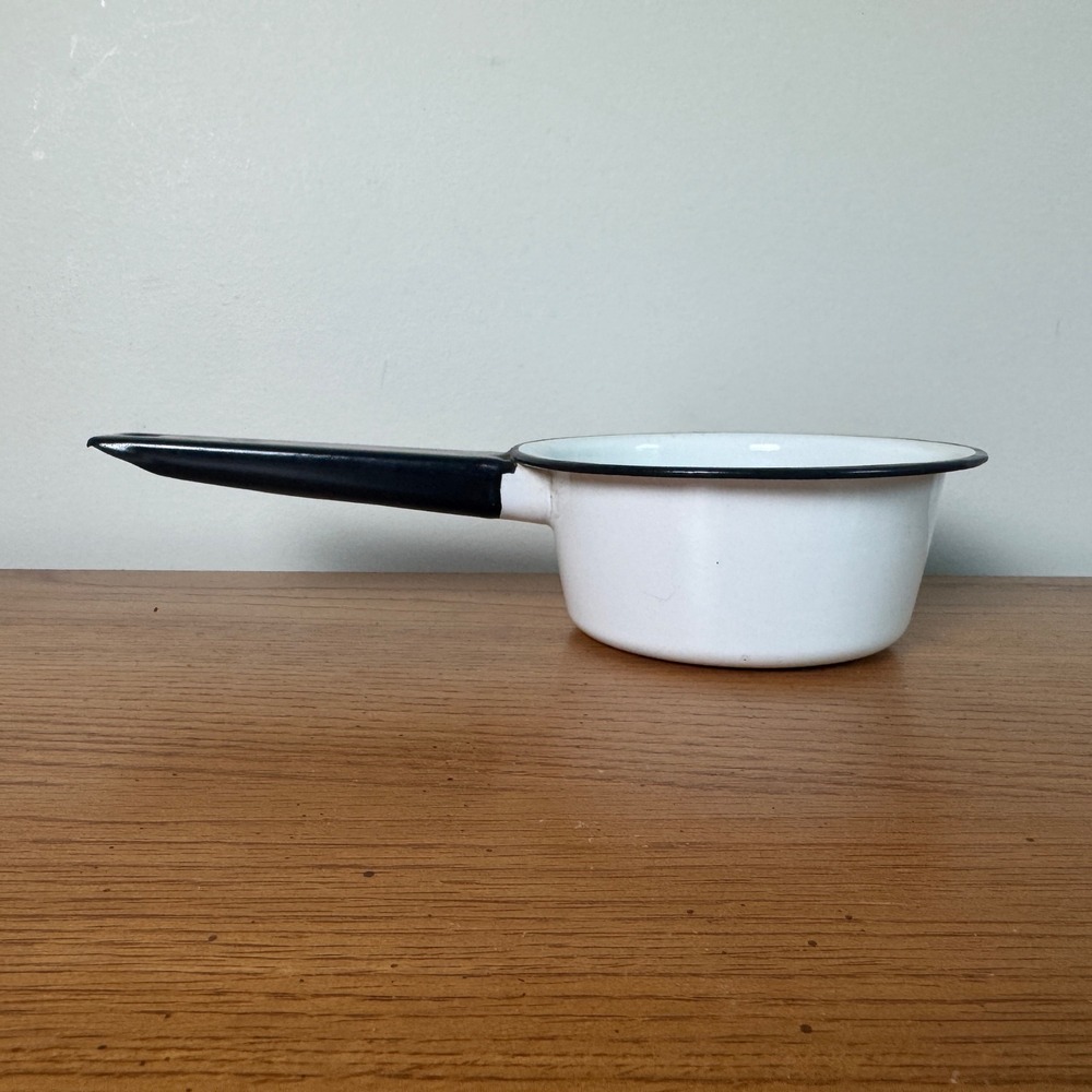 Vintage White Enamel Small‎ Saucepan Black Trim Farmhouse Decor